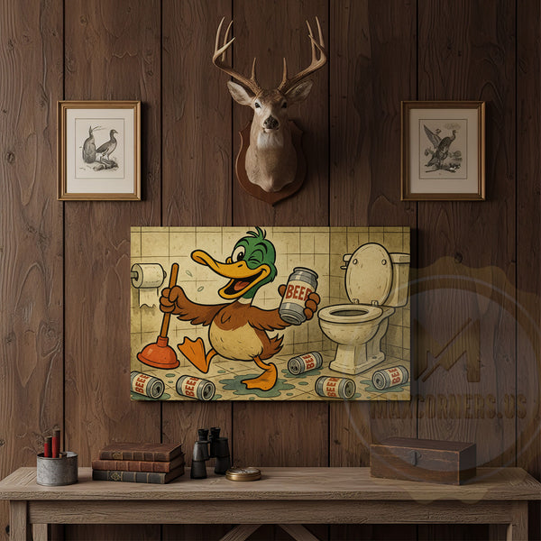 Maxcorners Duck Cartoon with Beer Cans in Bathroom Wrapped Canvas