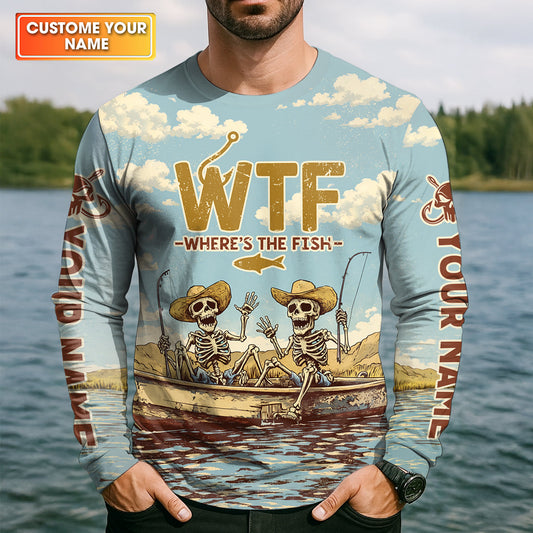 Maxcorners Personalized WTF Where’s The Fish Fishing Shirt, Funny Skeleton Fishermen Boat, Custom Name