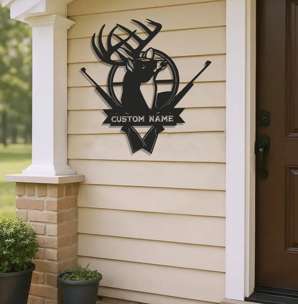 Maxcorners Personalized Deer Hunting Metal Sign WITH LED/WITHOUT LED - Rustic Buck Wall Art with Rifles, Hunter Lodge Decor & Outdoor Cabin Sign LM0110