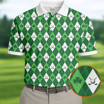 Maxcorners St Patrick's Day Shamrock Argyle Pattern Green And White Argyle Golf Shirt, Polo Shirts For Men, Golf Shirts For Men