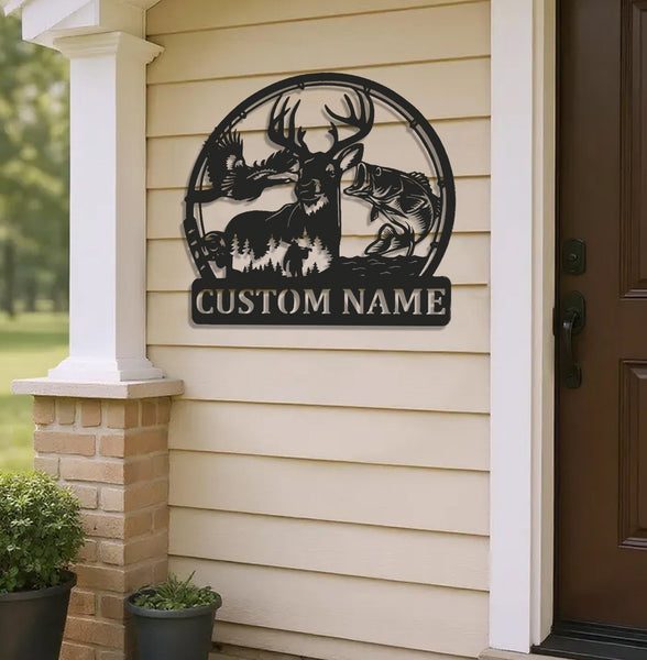 Maxcorners Personalized Deer, Fish & Duck Hunting Metal Sign WITH LED/WITHOUT LED, Rustic Wildlife Wall Decor for Cabin, Lodge, or Mancave LM0110