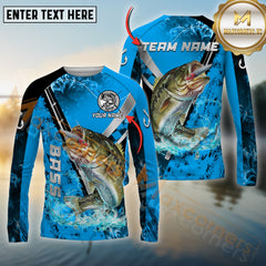Maxcorners Bass Fishing Blue Flame Silver Reel Pattern Jersey Personalized Name, Team Name Long Sleeve Shirt
