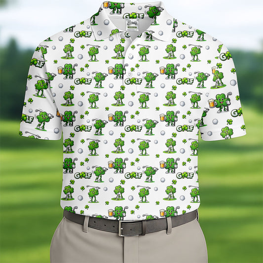 Maxcorners Three Leaf Clover Golf And Beer St Patrick's Day White Golf Shirt, Fun Golf Shirts For Men, Polo Shirts For Men