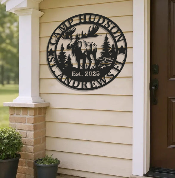 Maxcorners Personalized Moose Metal Sign WITH LED/WITHOUT LED - Rustic Cabin Name Sign, Wildlife Wall Art for Lodge, Camp & Outdoor Decor LM0110