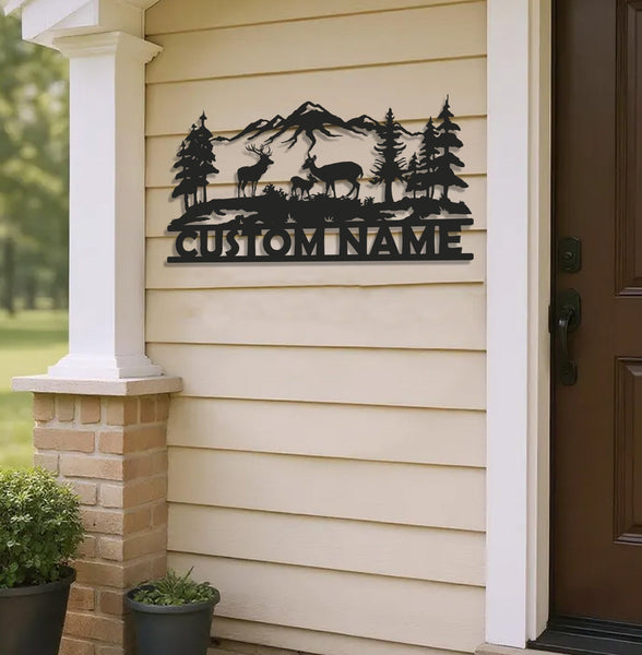 Maxcorners Personalized Deer Family Metal Sign WITH LED/WITHOUT LED - Rustic Cabin Name Sign, Mountain Wildlife Wall Art for Lodge & Outdoor Decor LM0110