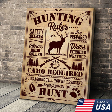 Maxcorners Hunting Rules Wall Art Canvas – Rustic Deer Hunting Lodge Decor – Safety First, Camo Required, Enjoy Your Hunt