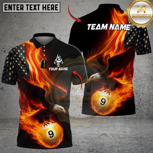 Maxcorners Billiards Ball 9 Eagle Flag Flame Personalized Name Shirt (4 Colors)
