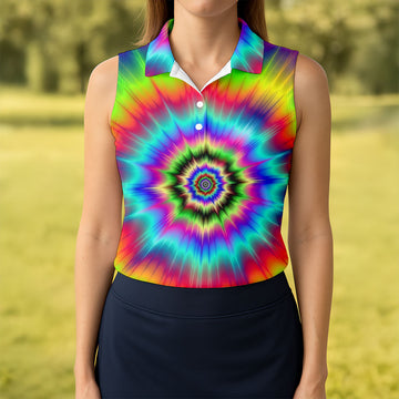 Maxcorners Rainbow Tie Dye Golf Shirt, Psychedelic Spiral Burst Pattern, Golf Shirt For Women LM1507