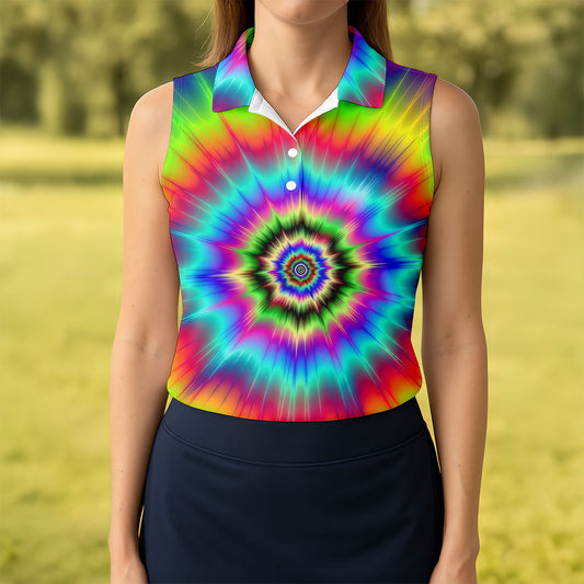 Maxcorners Rainbow Tie Dye Golf Shirt, Psychedelic Spiral Burst Pattern, Golf Shirt For Women LM1507