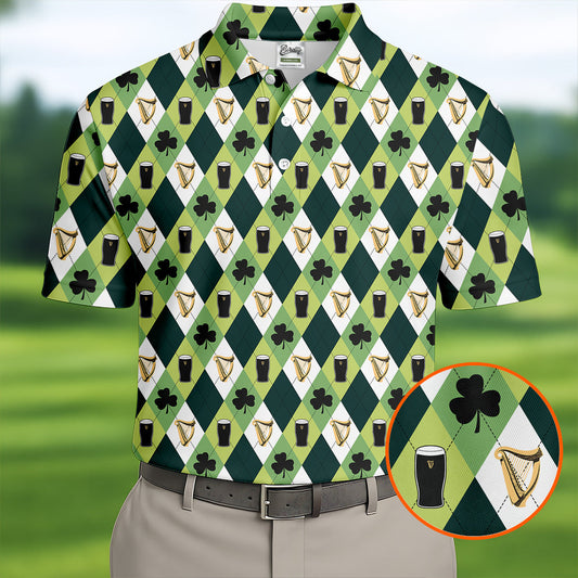 Maxcorners Green And White Argyle Pattern Beer St Patrick's Day Golf Shirt, Golf Tops For Men, Polo For Men