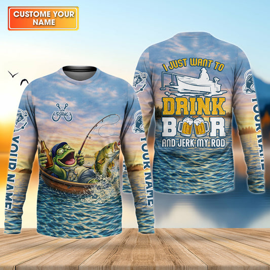 Maxcorners Drunk Frog Fishing with Beer, Funny Personalized Fishing Shirt