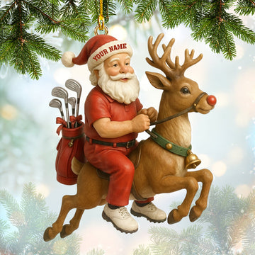Maxcorners Red Personalized Golf Santa Ornament â€“ Custom Name Christmas Ornament â€“ Funny Golf Xmas Gift for Players, Santa Riding Reindeer Tree Decoration MT1611