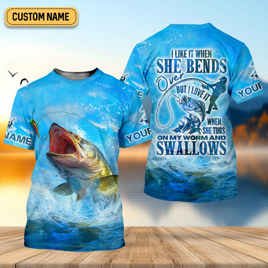 Maxcorners I Love It When She Tugs On My Worm And Swallows Blue Fishing Shirt, SPF Shirt For Men, Men's Fishing Shirt