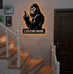 Maxcorners Personalized Bigfoot Metal Sign WITH LED/WITHOUT LED Light, Funny Sasquatch Middle Finger Wall Art, Hunter Gag Gift for Man Cave or Garage LM0110