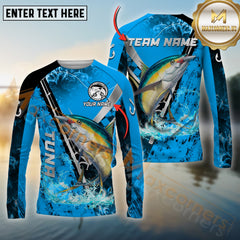 Maxcorners Tuna Fishing Blue Flame Silver Reel Pattern Jersey Personalized Name, Team Name Long Sleeve Shirt