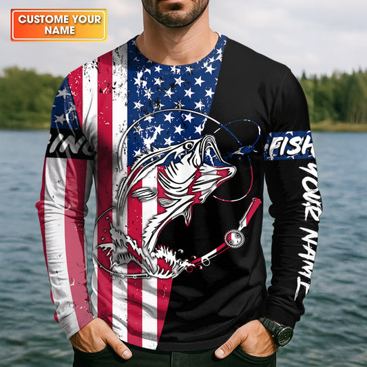 Maxcorners American Flag Fishing Shirt, Personalized Bass Fishing UPF Long Sleeve Shirt for Men