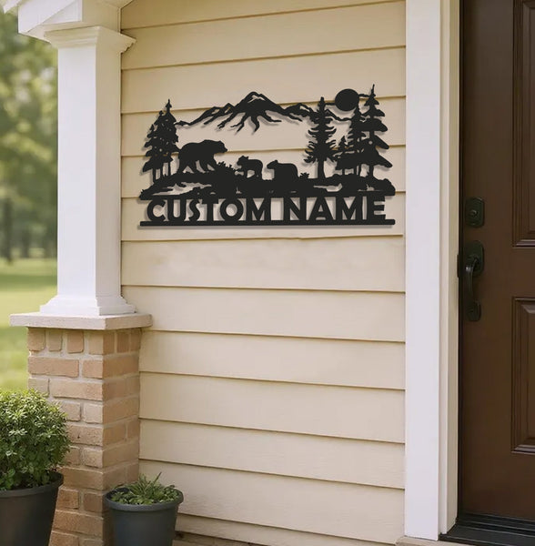 Maxcorners Personalized Bear Family Metal Sign WITH LED/WITHOUT LED - Mountain Cabin Name Sign, Rustic Wildlife Wall Art for Lodge & Outdoor Decor LM0110