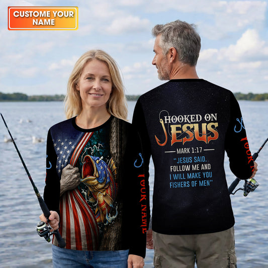 Maxcorners Hooked On Jesus Shirt, Personalized Christian Fishing Shirt, Mark 1:17 Fisher Of Men, Fishing UPF Shirts