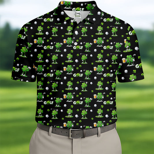Maxcorners Three Leaf Clover Golf And Beer St Patrick's Day Black Golf Shirt, Fun Golf Shirts For Men, Polo Shirts For Men