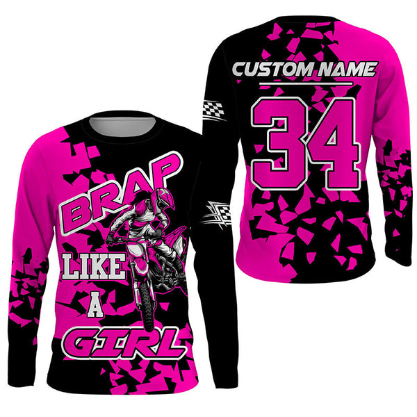 Maxcorners Brap Like A Girl Personalized Motocross Jersey UPF30+ Pink Dirt Bike Racing Long Sleeves LM2809