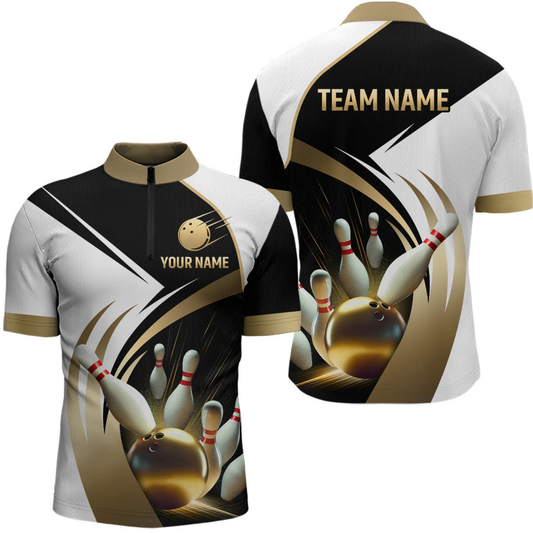 Maxcorners Gold Bowling Custom Men Bowling Shirt Polo & Quarter-Zip Bowling Team Jerseys LM064