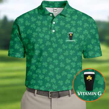 Maxcorners Vitamin G Shamrock Pattern Golf And Beer Green Golf Shirt, St Patrick's Day Golf Shirt, Polo Shirts For Men