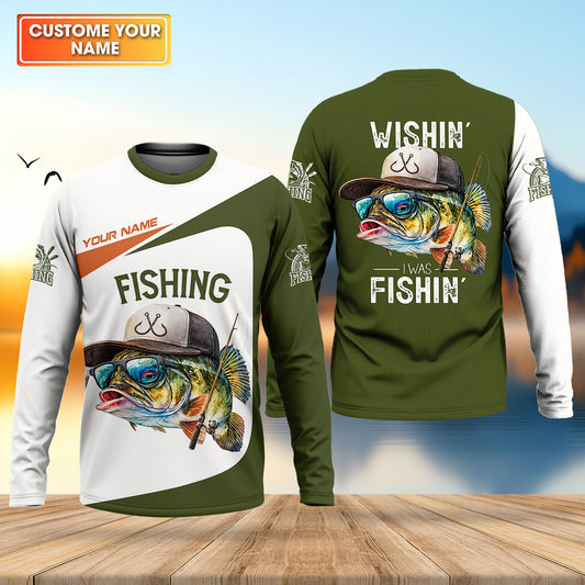 Maxcorners Wishin' I Was Fishin' Fishing Shirt, Funny Fisherman Shirt For Men, Custom Fishing Gift