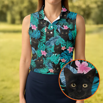 Maxcorners Black Cat Tropical Monstera Hawaiian Golf Polo Shirt, Golf Shirts For Women, Women's Golf Apparel LM1507