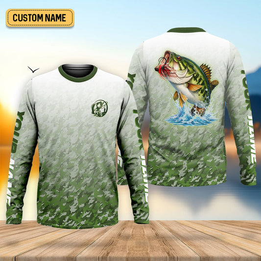 Maxcorners Custom Largemouth Bass Fishing Shirt for Men, Camo Green Angler Shirt, Fishing UPF Shirts