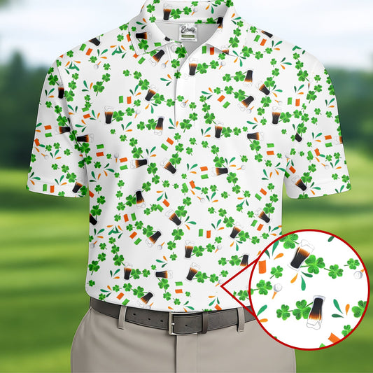 Maxcorners Dark Stout Beer St Patrick's Day Shamrocks White Golf Shirt, Polo Shirts For Men, Golf Shirts For Men