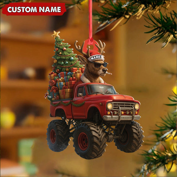 Maxcorners Personalized Funny Deer Truck Acrylic Christmas Ornament – Custom Name Gift for Hunters & Outdoor Lovers LM0411