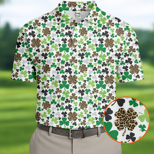Maxcorners Leopard Pattern St Patrick's Day Shamrock Golf Shirt, Fun Golf Shirts For Men, Polo Shirts For Men