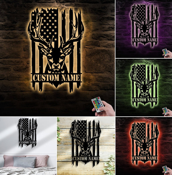 Maxcorners Personalized Vertical American Flag Deer Hunting Metal Sign WITH LED/WITHOUT LED Light Rustic Lodge Wall Decor LM0110
