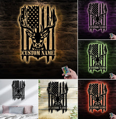 Maxcorners Personalized Vertical American Flag Deer Hunting Metal Sign WITH LED/WITHOUT LED Light Rustic Lodge Wall Decor LM0110