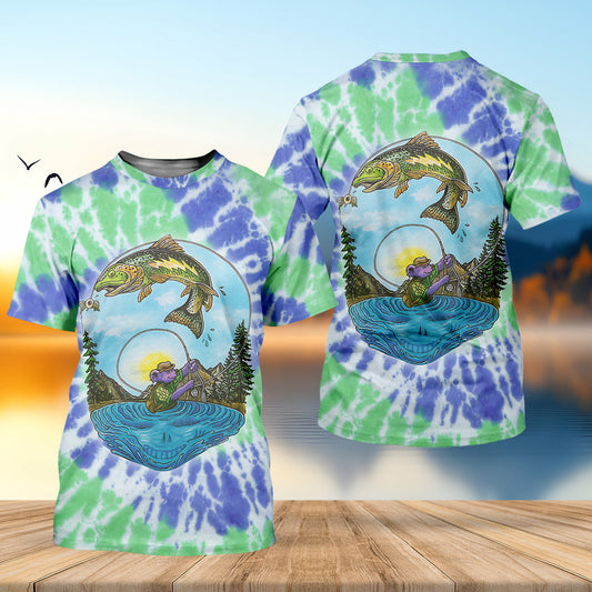 Maxcorners Bear Fishing Green And Purple Cool Tie Dye Patterns Fishing UPF Shirts, Fishing Gifts For Men, Men's Fishing Shirt