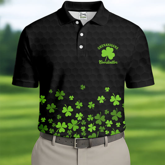 Maxcorners Shenanigans Coordinator Golf Ball Pattern St Patrick Day Black Golf Shirt, Golf Tops For Men, Golf Shirts For Men