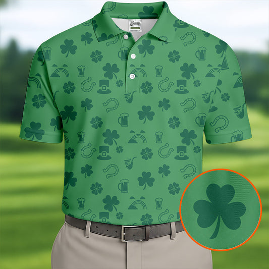 Maxcorners Leprechaun Hat Shamrock Beer Dark Green Seamless Pattern St. Patrick’s Day Golf Shirt, Golf Shirts For Men