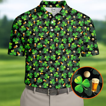 Maxcorners St Patrick's Day Beer Golf Ball Pattern Shamrock Golf Shirt, Polo Shirts For Men, Golf Shirts For Men