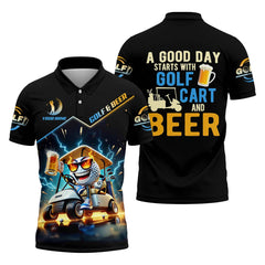 Maxcorners A Good Day Starts With Golf Cart & Beer Custom Golf Polo Shirt, Funny Golf Shirt, Golf Gift For Men