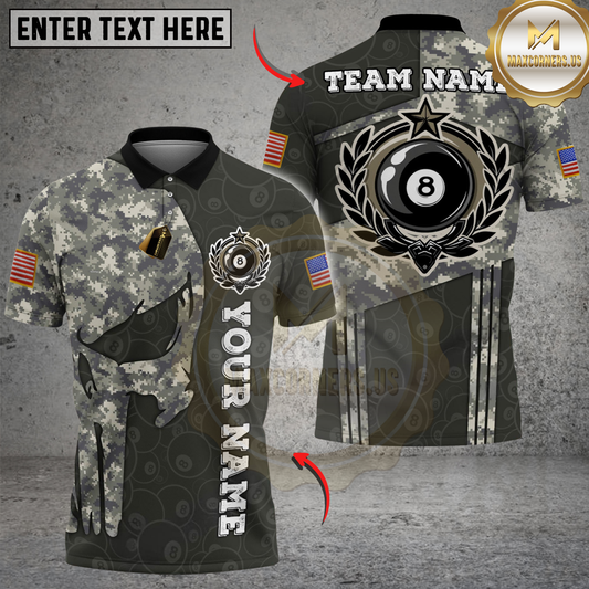 Maxcorners Billiards 8 Ball Punisher Skull Camo Round Logo Personalized Name Shirt (4 Colors)