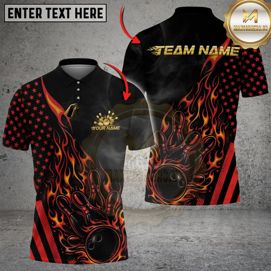 Maxcorners Bowling And Pins American Flag Hot Streak Customized Name, Team Name 3D Shirt (4 Colors)