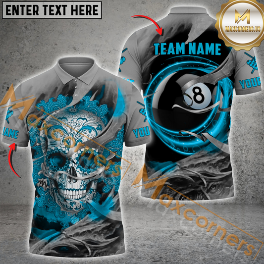Maxcorners Ball 8 Sugar Skull Art Billiard Jersey Multicolor Options Personalized Name, Team Name 3D Polo Shirt (4 Colors)