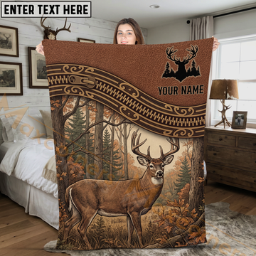 Maxcorners Rustic Leather Zipper Whitetail Deer Forest Scene Personalized 3D Blanket