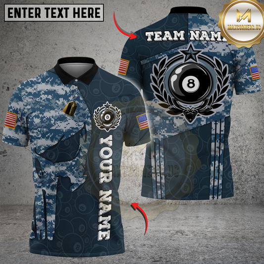 Maxcorners Billiards 8 Ball Punisher Skull Camo Round Logo Personalized Name Shirt (4 Colors)