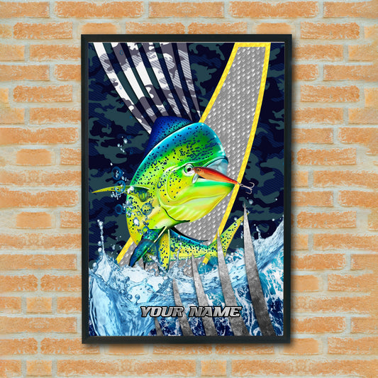 Maxcorners Mahi Mahi Fishing Tactical Camo Metal Splash Design Personalized Name 3D Poster