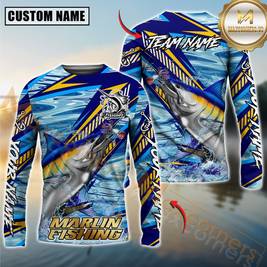 Maxcorners Marlin Fishing Yellow Blue Lightning Pattern Design Custom Name & Team Name 3D Shirts