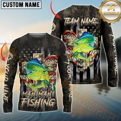 Maxcorners Mahi-Mahi Fishing American Flag Camo Cross Gear Sun Protection Personalized Name, Team Name Long Sleeve Shirt