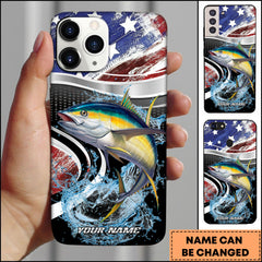 Maxcorners Tuna Fishing American Flag Metallic Wave Water Splash Art Personalized Name Phone Case