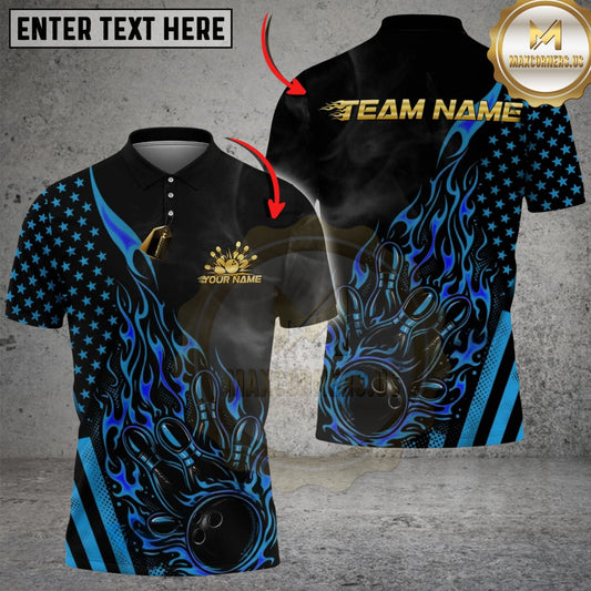 Maxcorners Bowling And Pins American Flag Hot Streak Customized Name, Team Name 3D Shirt (4 Colors)