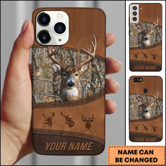 Maxcorners Artist Hunting - Deer In Woods Leather Look Brown Personalized Name Phone Case